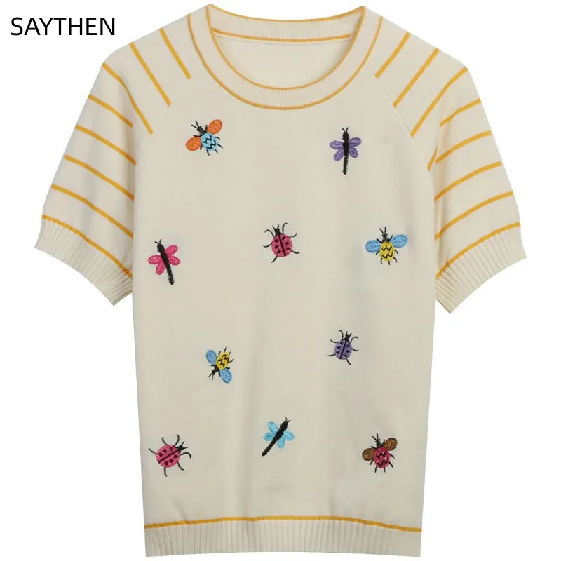 

SAYTHEN 2023 Summer New Casual Stripe Contrast Animal Insect Embroidery Jacquard Slim Fit Round Neck Thin Short Sleeve Knit Top