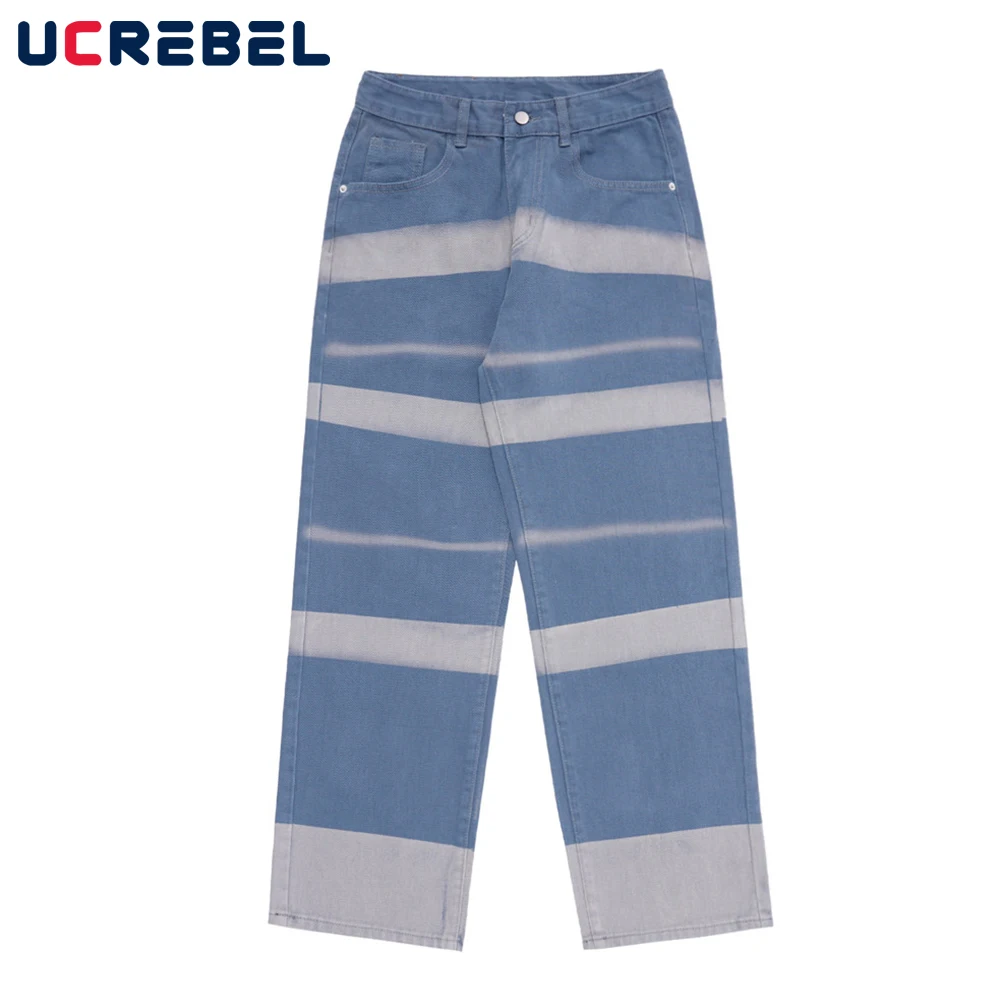 

Gradient Dyed Denim Pants Mens High Street Color Block Loose Straight-leg Pants Streetwear Contrast Casual Jeans Trousers Men