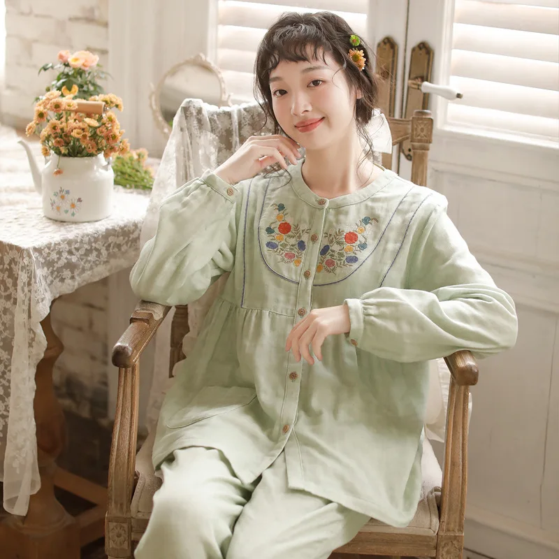 

Длинная Пижама с круглым вырезом, свободное нижнее белье с рукавами, весенний винтажный кардиган с вышивкой, домашняя Осенняя хлопковая одежда для сна, женские комплекты