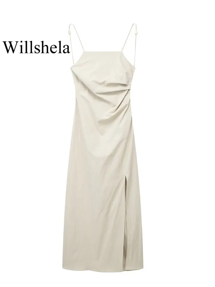 

Willshela женское модное платье цвета хаки с разрезом и боковой молнией, с открытой спиной, на шнуровке, миди, винтажное платье с тонкими бретель...