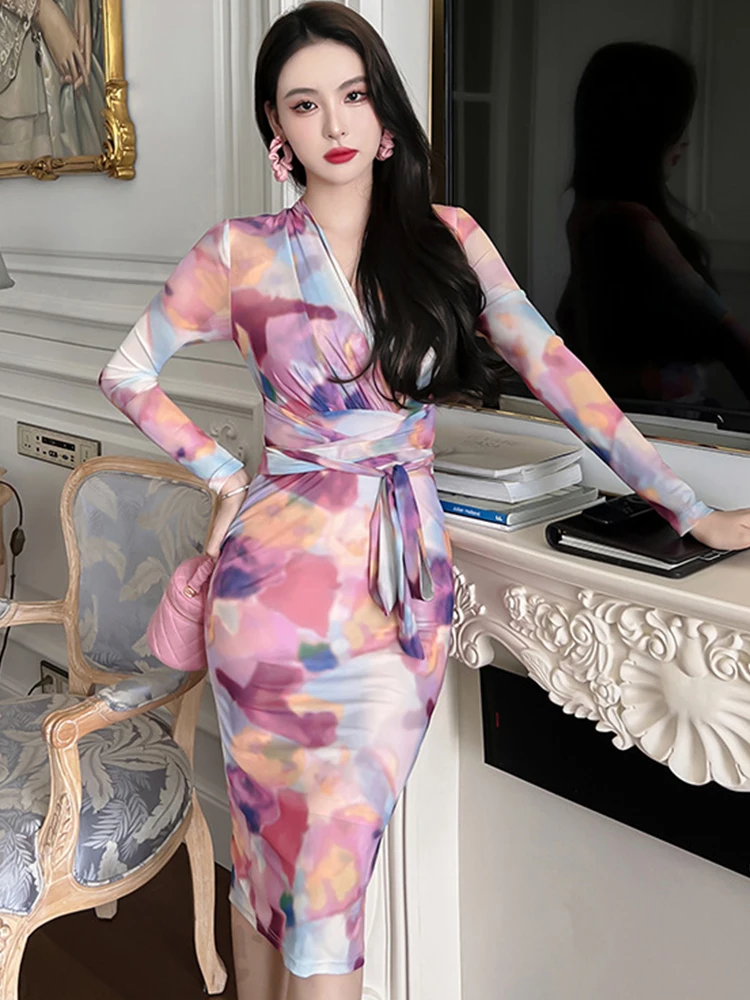 

Элегантные платья-миди во французском стиле для женщин 2022, облегающее офисное платье с длинным рукавом и разрезом