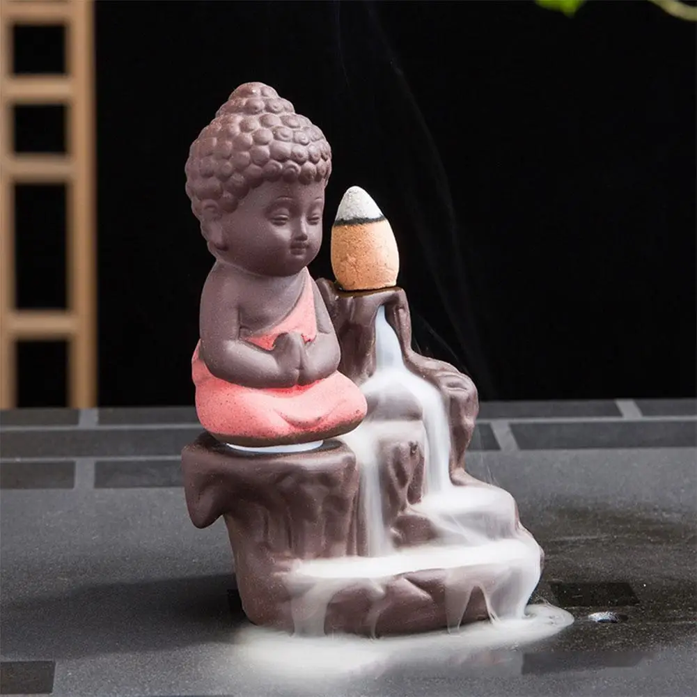 

New Ceramic Little Monk Smoke Backflow Burner Incense Stick Holder Buddha Statue Porcelain Waterfall Censer Home Decoration Arts