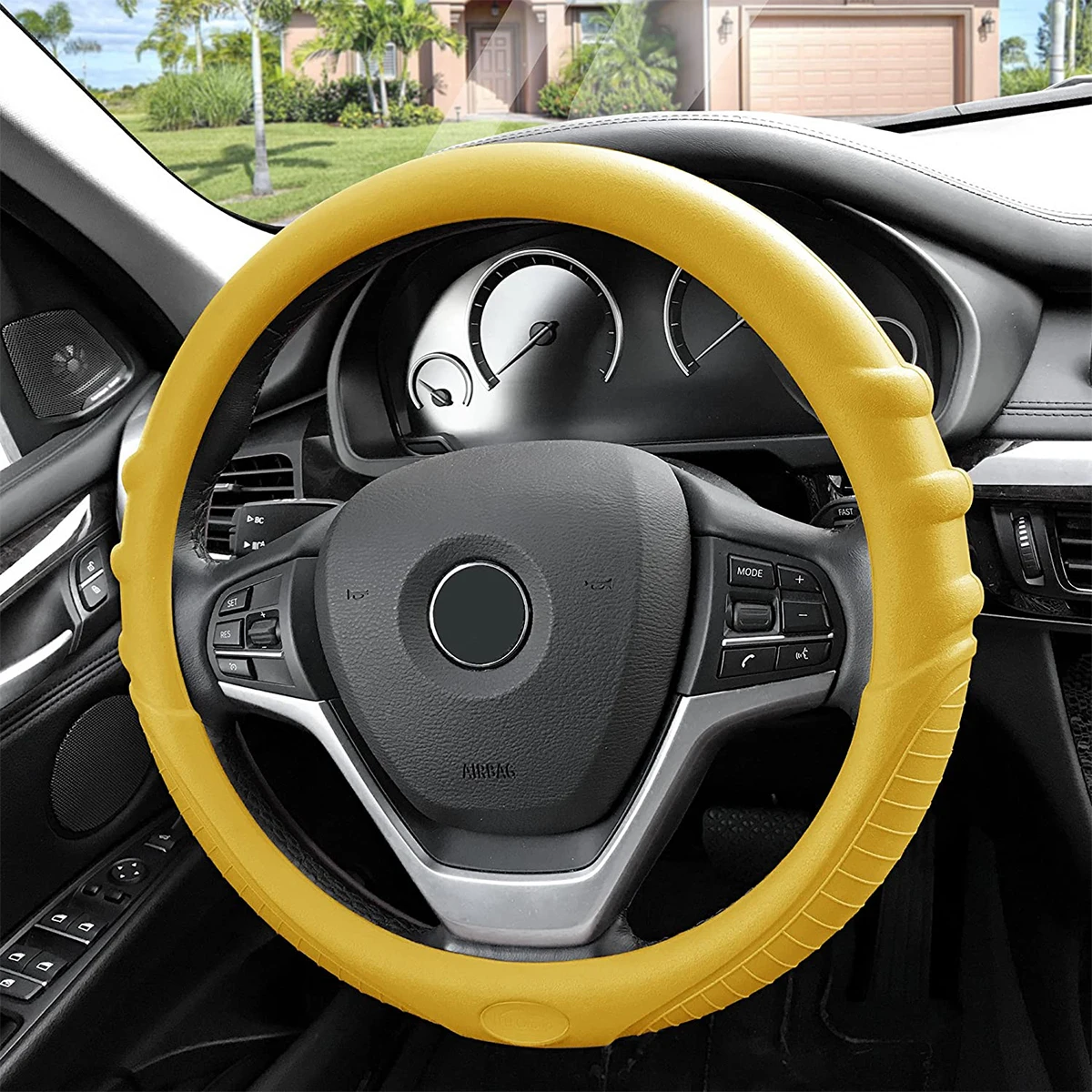 

Universal Fits Yellow Silicone Massaging Pattern Anti-slip Grip Steering Wheel Cover