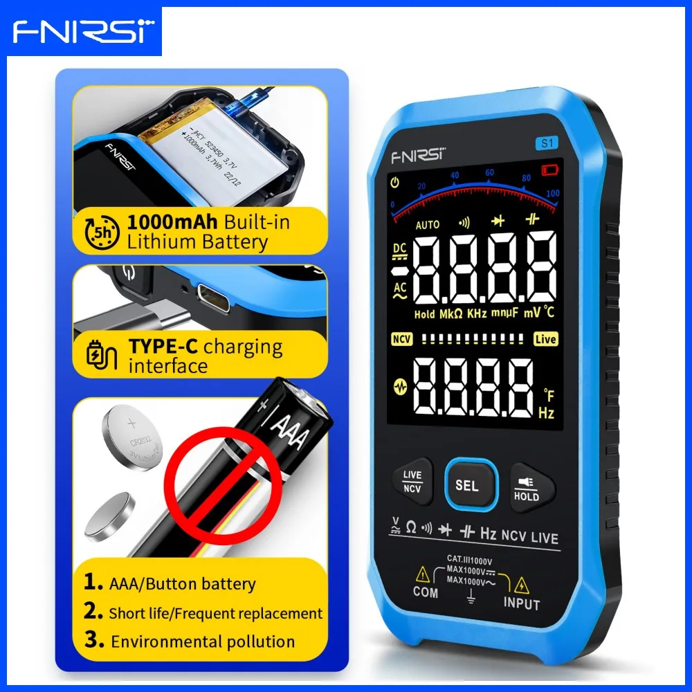 

FNIRSI S1 Smart Digital Multimeter 9999counts AC DC Voltage Resistance Capacitance Diode NCV Hz Live Wire Color Display Tester