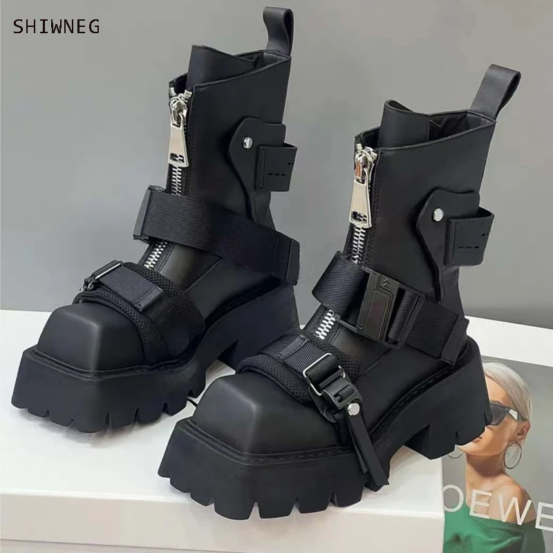 

2023 Summer New British Boots Front Zipper Short Boots Leather Motorcycle Boots Mid-tube Thick-Soled Heightening Martin Boots