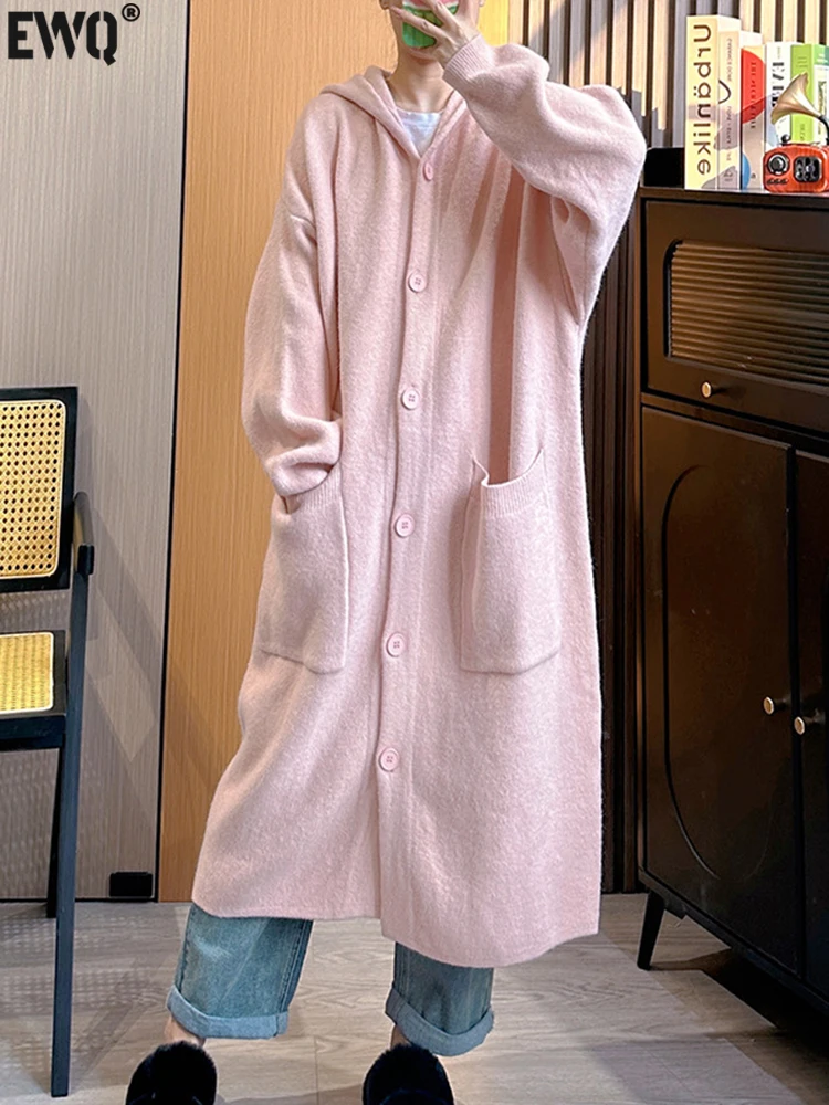 

[EWQ] Korean Fashion Length Sweater Coat For Women 2023 Autumn Winter New Hooded Long Sleeve Pocket Pink Sweater Jackets 16U3696