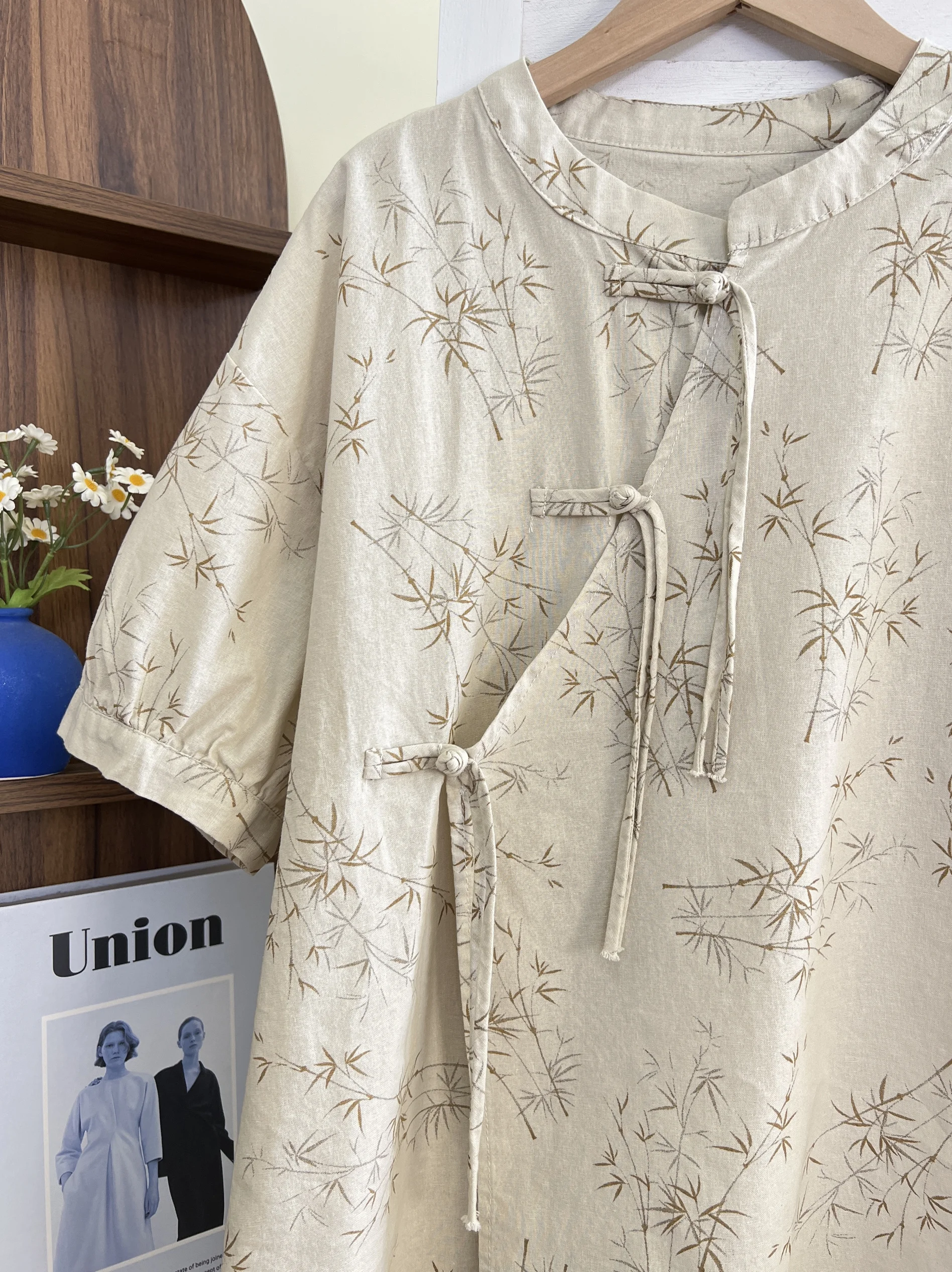 Japan fashion National Sle New Chinese Tassel Buckle Oblique Placket Bamboo Cotton Linen Short sleeve Small Shirt Loo... |