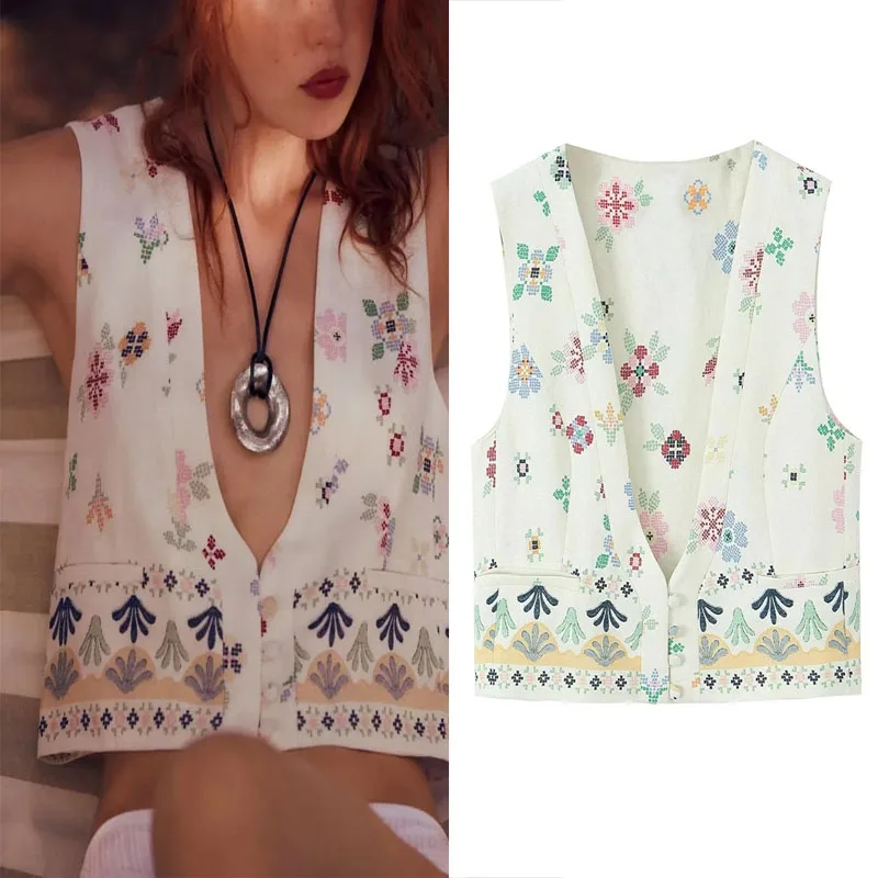 

TRAF Printed Women's Vest Summer 2023 Fashion Deep V-Neckline Short Vest Elegant Sleeveless Female Vest Casual Comfortable Vest