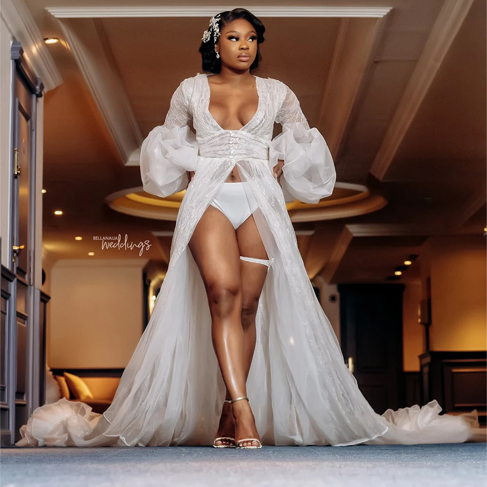 African Wedding Bride Robes 2023 Bridal Shower Dresses V Neck Backless Front Split Long Sleeve Lace Ruched Without UnderWear