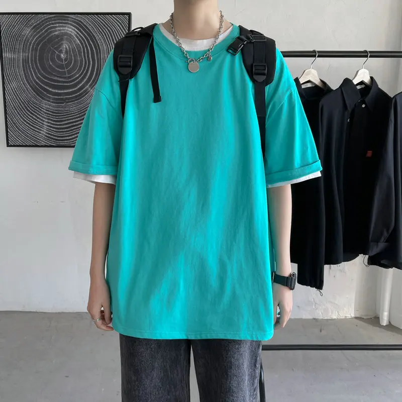 

DE new net red hip-hop short-sleeved T-shirt men's ins Hong Kong style Harajuku solid color couple casual wear