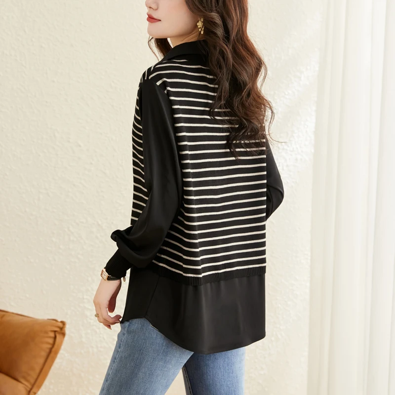 Весна 2023 Вязаный топ из двух частей Женская полосатая блузка в западном стиле с