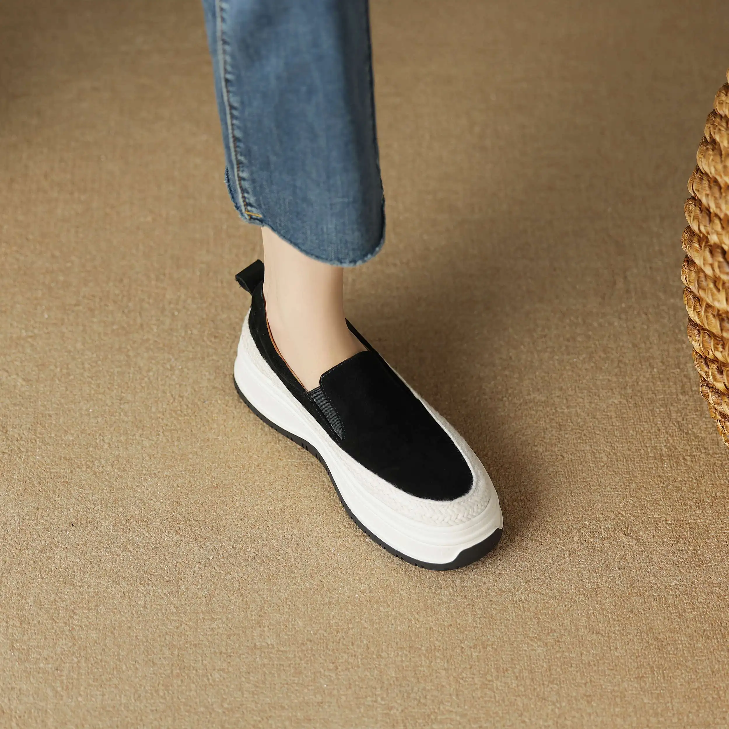 Lanxuryee овечья замша высокий каблук толстая подошва слипоны Весенняя женская