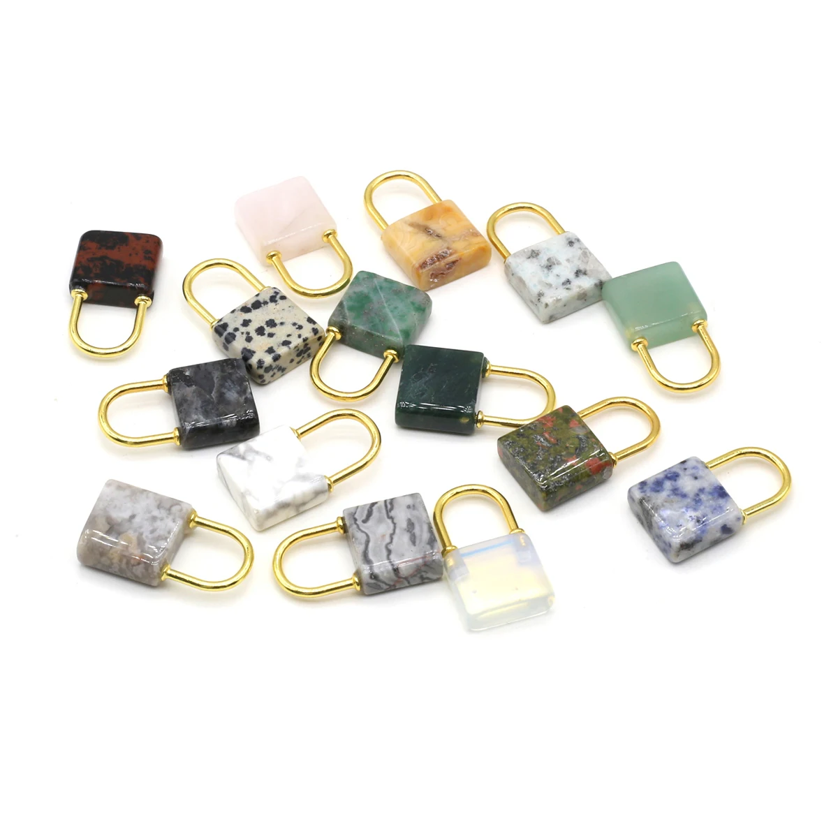 

Natural Stone Pendants Lock Shape Gold Plated Rose Quartzs Opal for Jewelry Making Diy Women Necklace Earrings Party Gifts