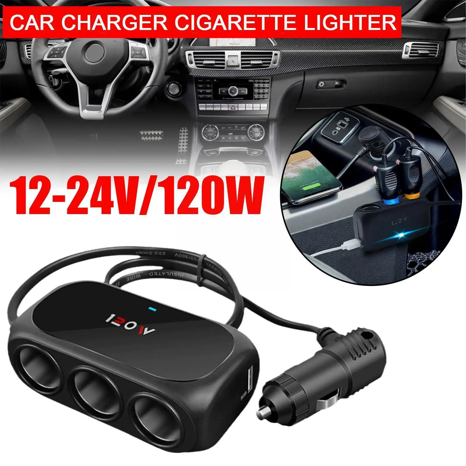 

Universal 12V 24V 3 Way Cigarette Lighter Multi Socket Interior ABS USB Dual Auto Adapter Car Black Parts Charger Splitter C2Z2