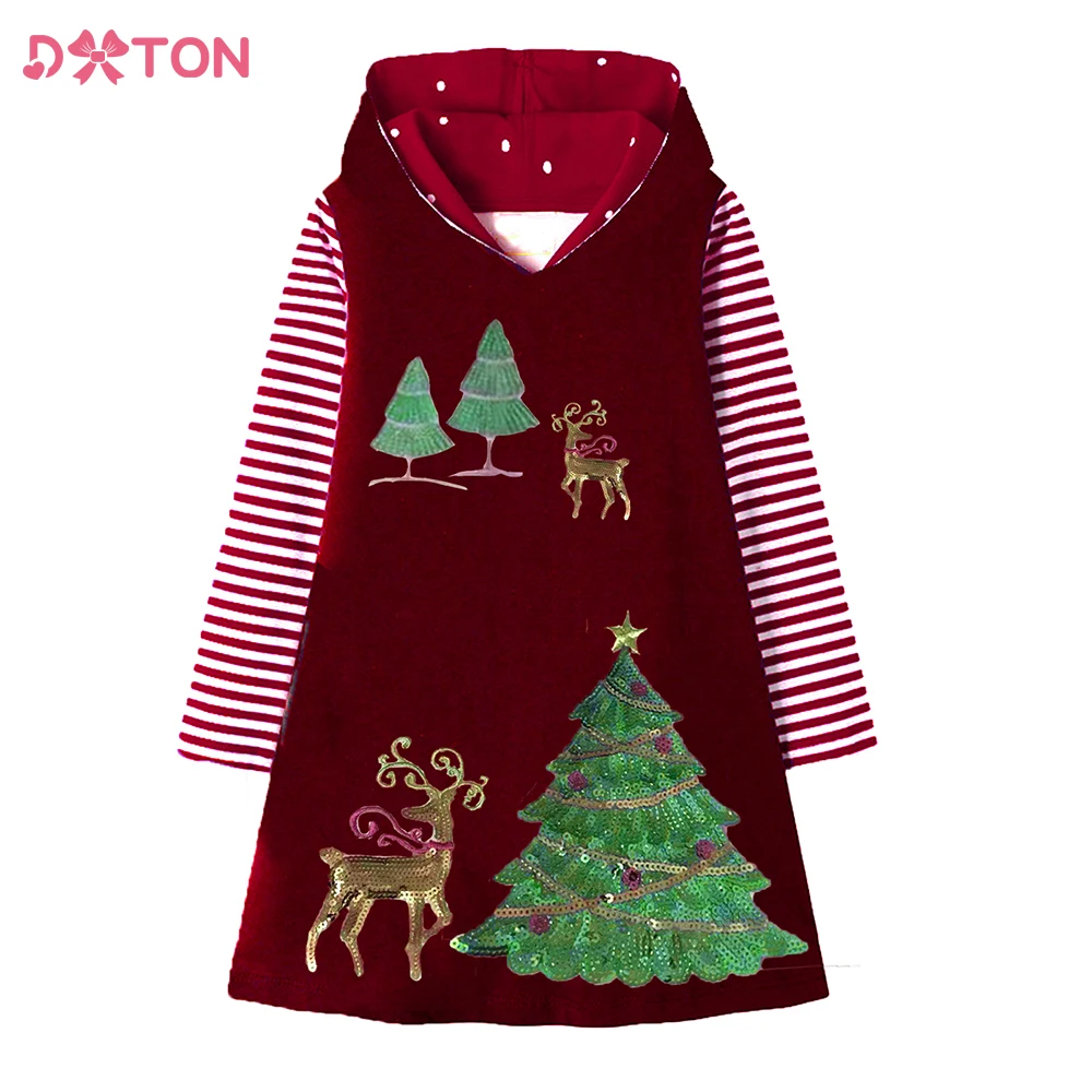 DXTON Girls Christmas Dresses Reindeer Star Beading Sequins Dress Children Autumn Winter Cotton Clothes Toddlers Hoodies Dress