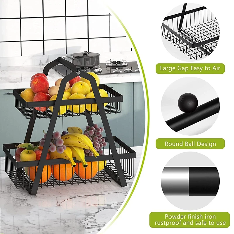 

2-ярусная корзина для фруктов, большая корзина для фруктов, демонстрационная стойка, съемная железная корзина для фруктов, хлеба, закусок, ст...