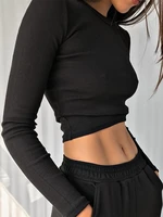 long sleeve basic pullover shirt fashion women ribbed sexy cropped top spring autumn casual skinny slim solid all match t shirts