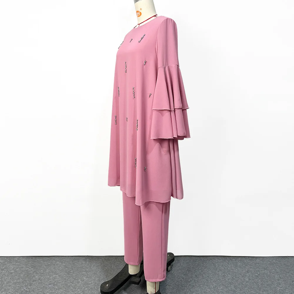 Muslim Sets Diamond Ruffle Sleeves Southeast Asian Baju Kurung Ensembles Musulmans Modest Two Piece Women Abaya