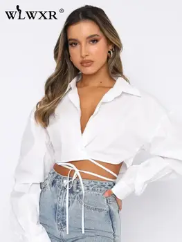 WLWXR Fall Casual Outfits Tops Clothing For Women 2022 Turn-down Collar Long Sleeve Bandage Crop Top White Silm Shirts Female 1