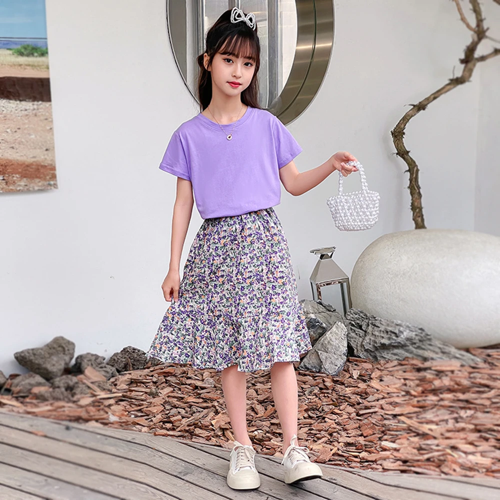 

Girls Floral Skirt Set Kids Boutique Clothing Summer Casual Cute Solid Colour Short Sleeve T-shirt Floral Skirt Two Piece Suits