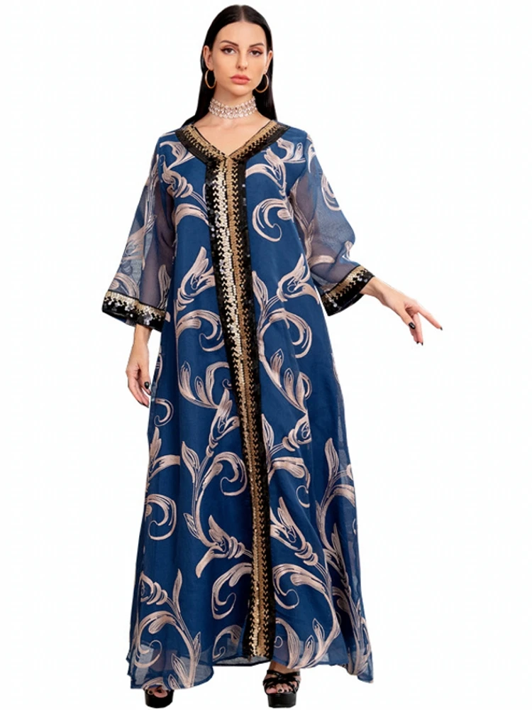 

Jalabiya Abaya Muslim Dress Women With Sequin V Neck Loose Robes Summer New Print Elegant Muslim Party Long Maxi Dress Vestidos