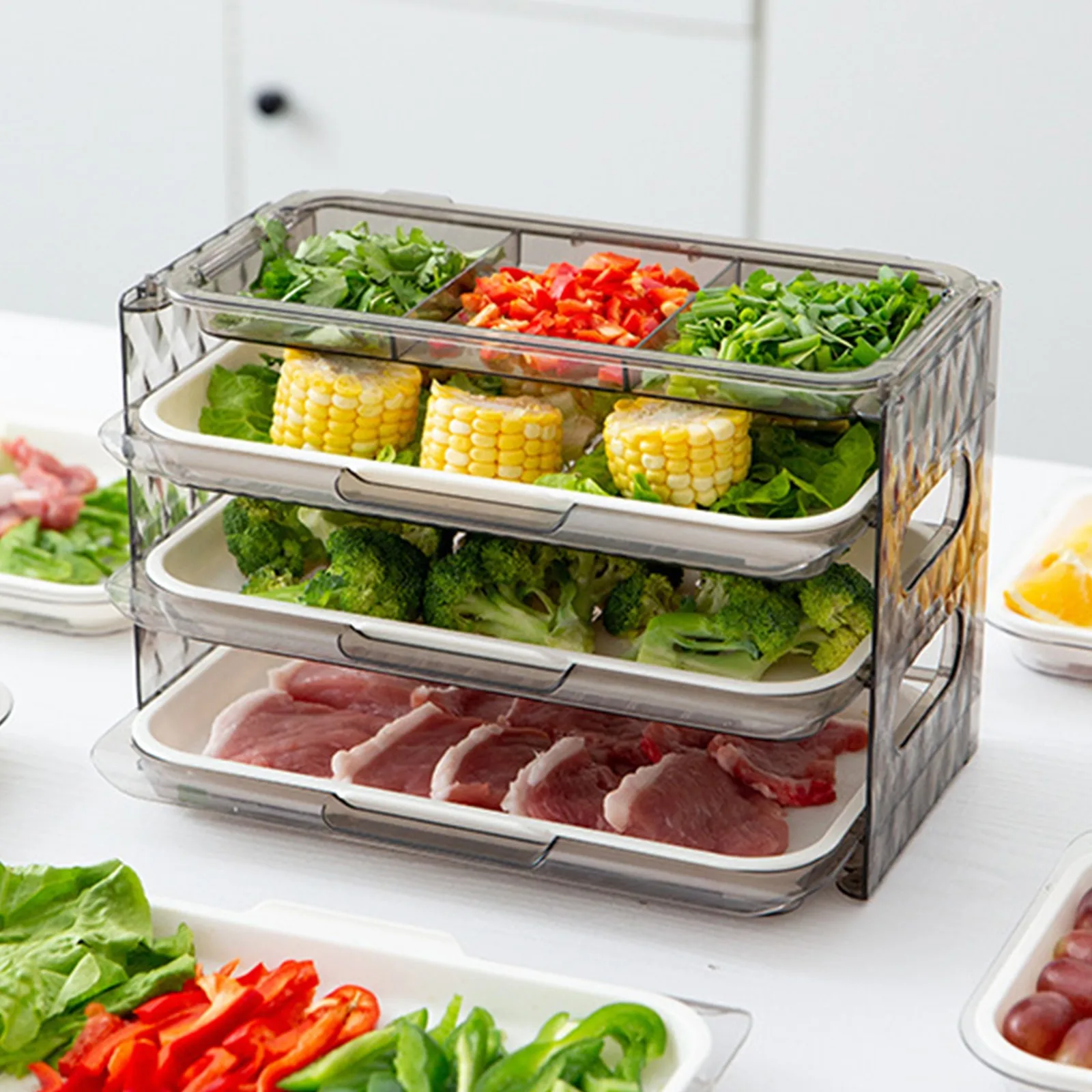 

Foldable Multi-layer Fruit Vegetable Hot Pot Preparation Rack Transparent Fresh Kitchen Racks Non-slip Chassis Pp Safety Holders