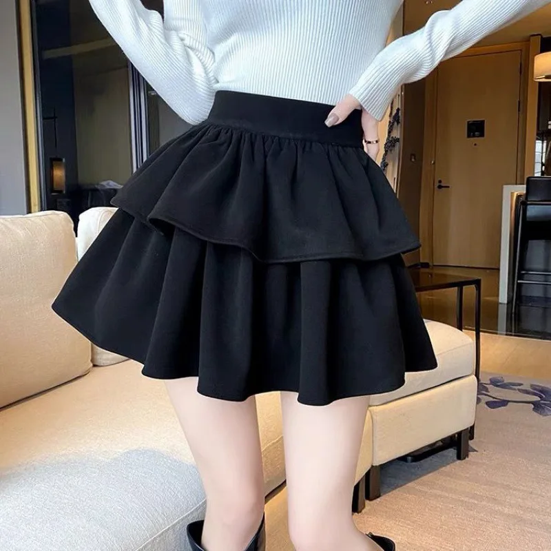 Cake  half female black puffy  half skirt autumn and winter high waist pleated  a short skirt  women clothing  Slim Fit