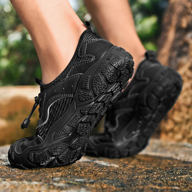 JIEMIAO New Genuine Leather Men Hiking Shoes Quality Trekking Shoes Mesh Breathable Men Sneakers Outdoor Camping Fishing Shoes