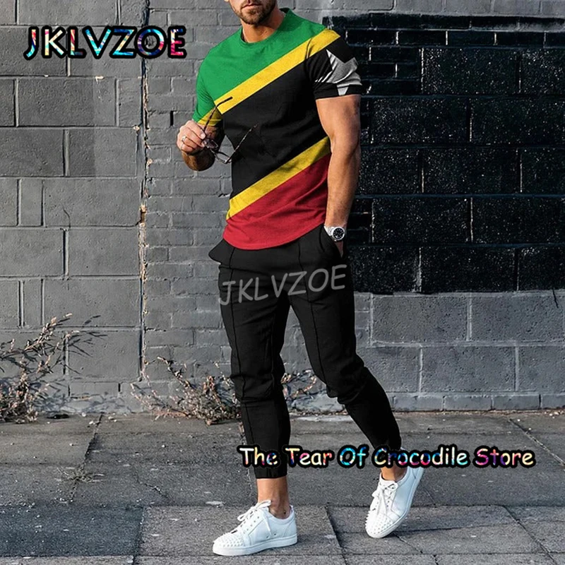 Summer Stripe Men's T Shirt+Trousers Tracksuit 2 Piece Set 3D Printing Newest Casual Short Sleeve+Pants Street Casual Clothes