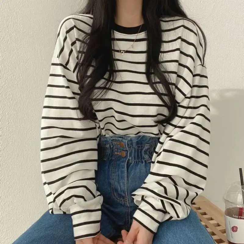 Women Sweatshirt Striped Long Sleeves Casual Loose Pullovers O-Neck Korean Fashion Oversized Sweatshirt Sweatshirt with Hood