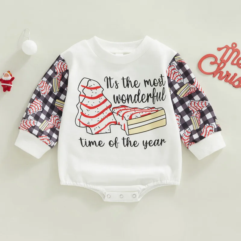 

Рождественская одежда для маленьких девочек, осенне-зимнее боди для новорожденных, комбинезон с длинными рукавами и мультяшными буквами, детские товары от 3 до 24 месяцев