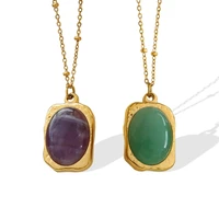 2022 stylish stainless stee natural stone amethyst aventurine pendant necklaces for women metal square collar necklace gift