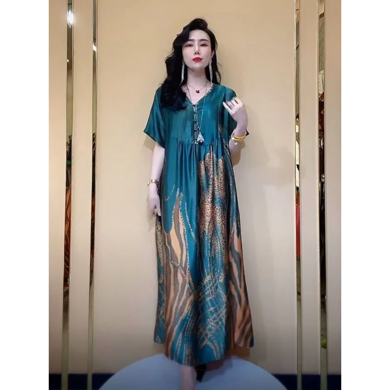 

Female Floral Mulberry Silk Midi Dress Women Summer Elegant Loose Plus Size Dress 2023 Korean Vintage Casual Party Dresses Q718
