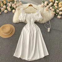 cotton lace up summer white ruffled dress women holiday casual high waist hole ruched long dresses a line frills vestidos 2022