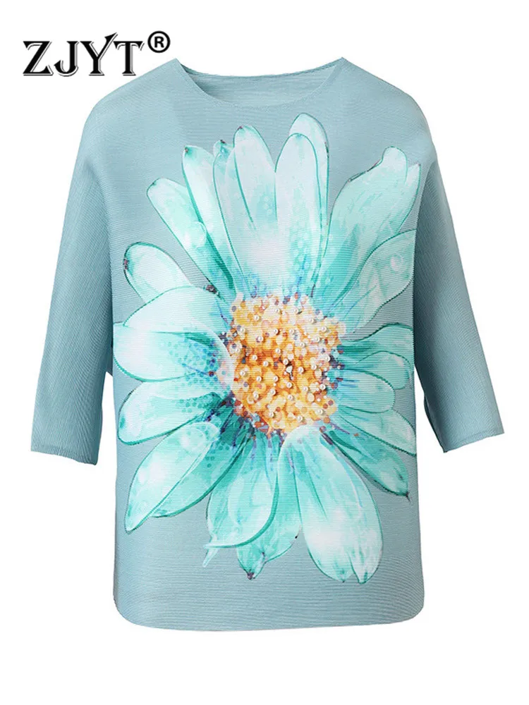 

ZJYT 2022 Spring Sunflower Print Beading Loose T Shirt Oversize Women Fashion Casual Summer Tees and Tops Pullover Folds T-Shirt