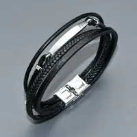 New Arrival Black Color Genuine Leather Multi-layers Stainless Steel Bracelet For Luxury Men Buseiness Gift Jewelry