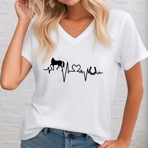 Valentine's Day Horse & Heart Print T Shirts for Woman V-neck Short Sleeve Horses Lover Shirt Horse Riding Graphic TShirt Women