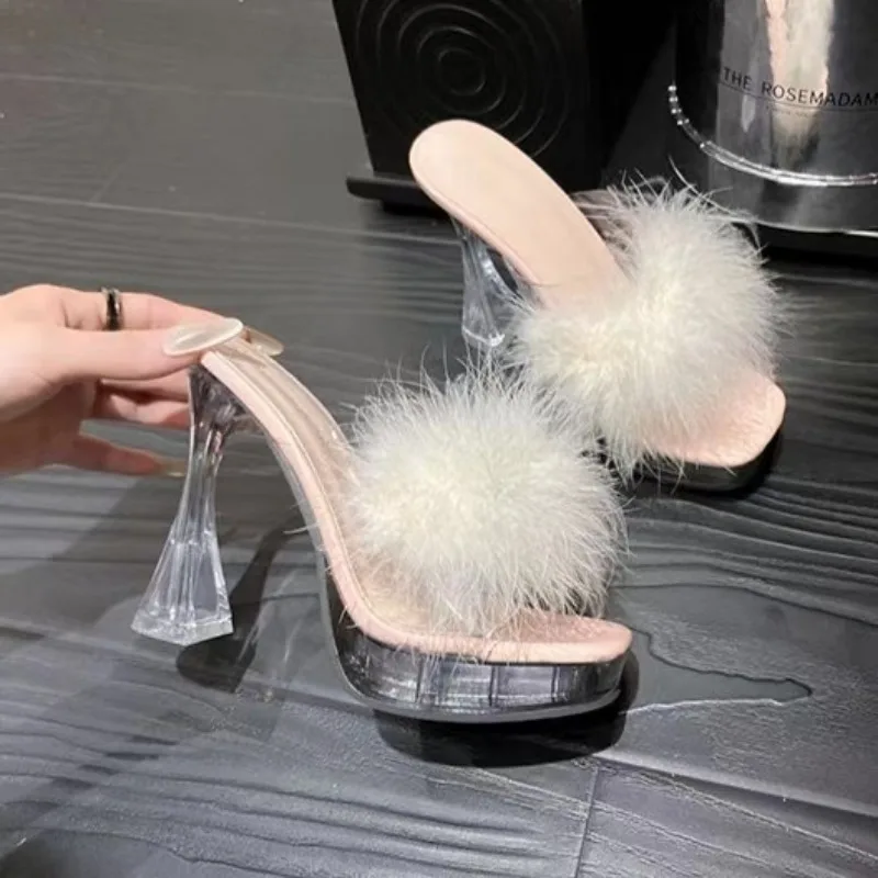 Женские шлепанцы из ПВХ прозрачные Меховые Туфли на высоком каблуке с перьями