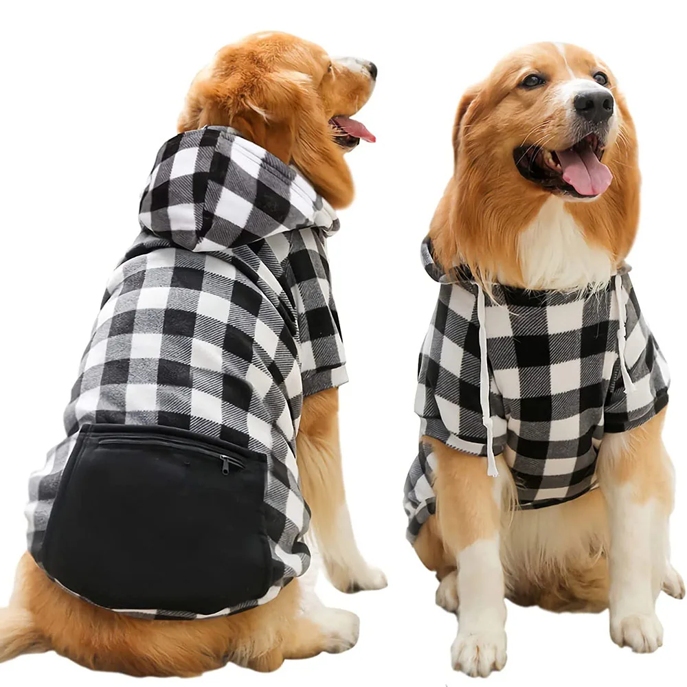 

Plaid Big Dogs Hoodie Sweatshirt Warm Fleece Pet Clothes Sweater with Hat and Pocket Sport Winter Dogs Clothing Large Dog Coat