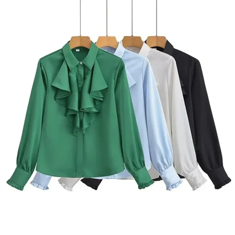 Женская атласная блузка с оборками однотонная элегантная рубашка длинным