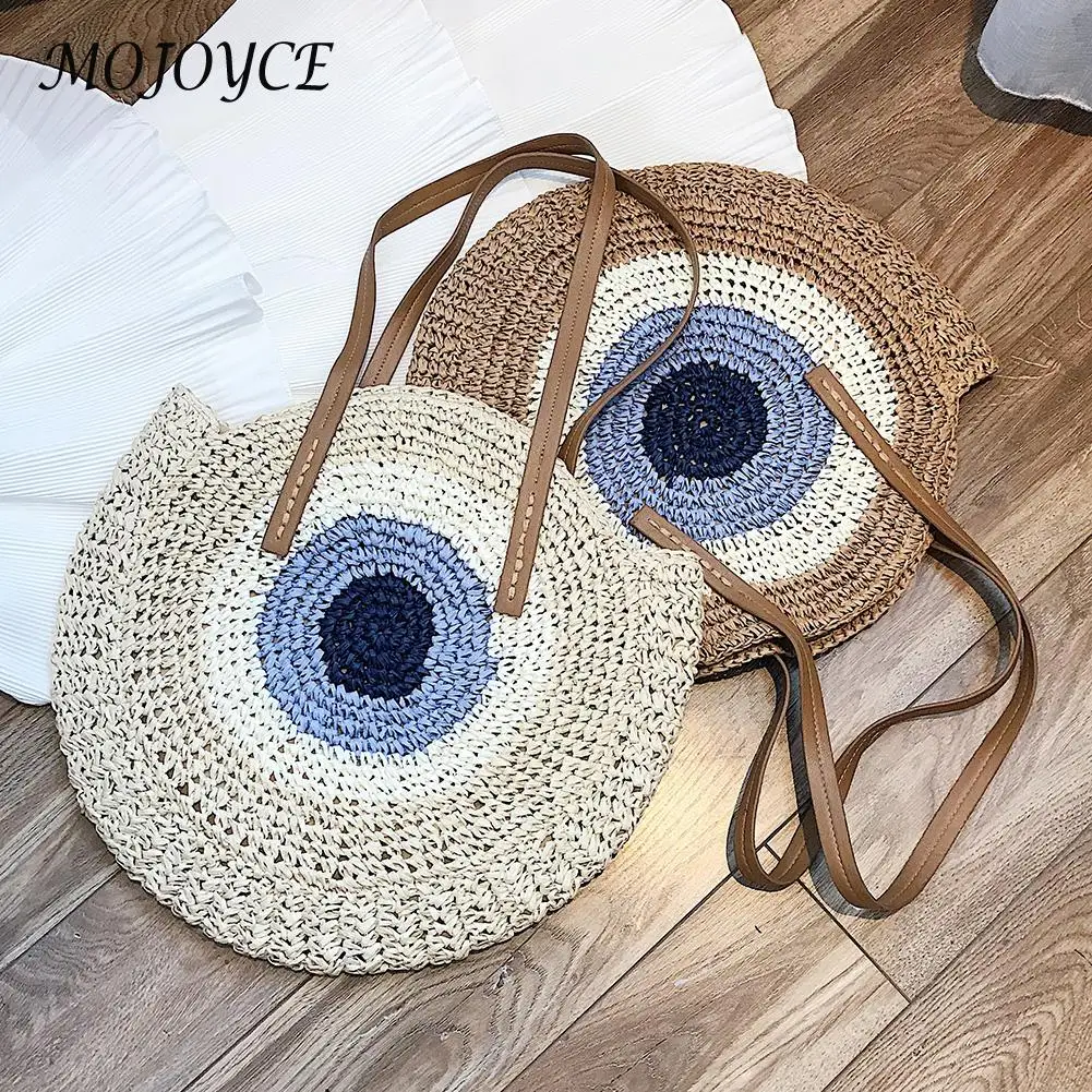 

Chic Summer Round Straw Rattan Bag Casual Color Splicing Handmade Woven Beachwear Female Seaside Messenger Crossbody Tote Bags