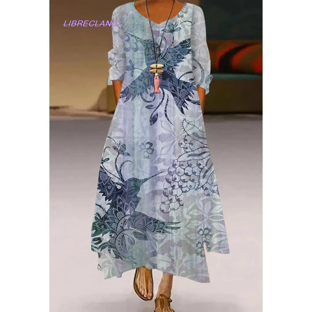 

Женское свободное платье до щиколотки, элегантное весеннее платье с 3D принтом в виде природных пейзажей и птиц, уличная мода с цветами