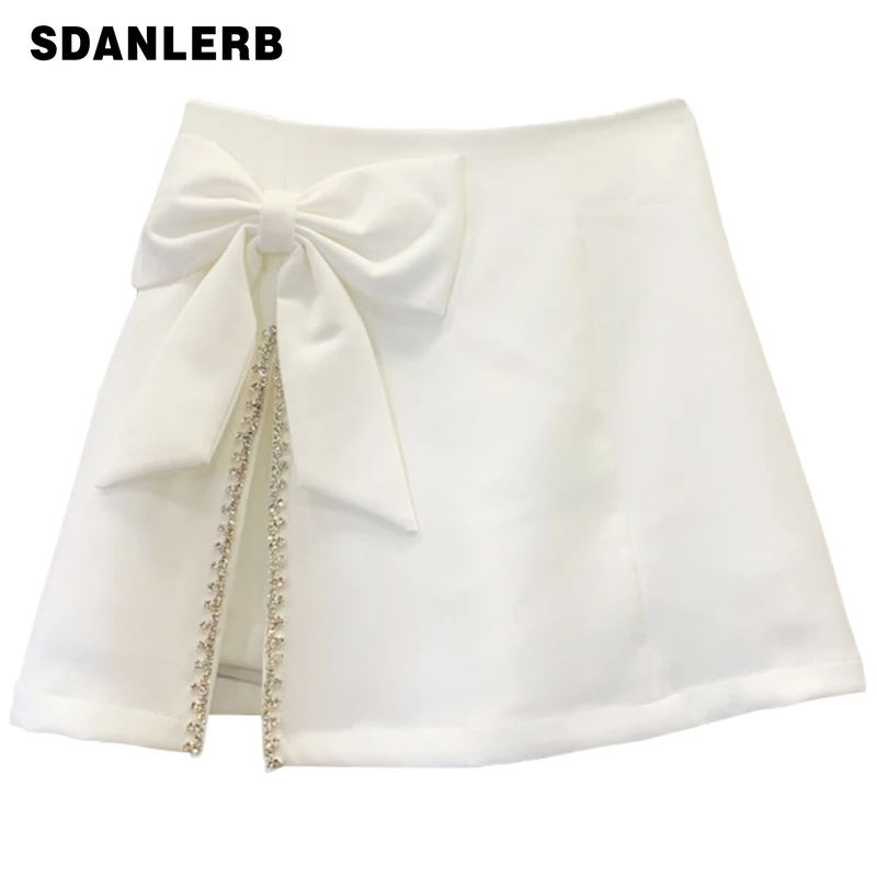 

Exquisite Rhinestone Bow Mini Skirt for Women 2022 Summer New High Waist Faldas Slimming Slit A- Line Exposure-Proof Short Skirt