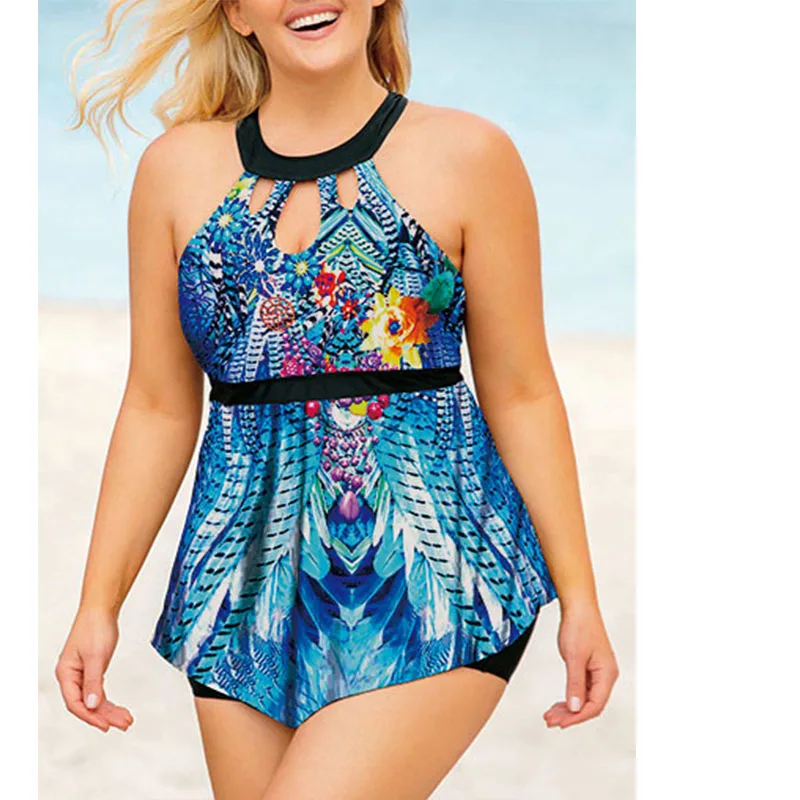 

DEKA Women Large Swimwear Plus Size Tankini Set Bohemian Animal Print Blue Swimsuit With Shorts Vintage Big Beach Bathing Suit