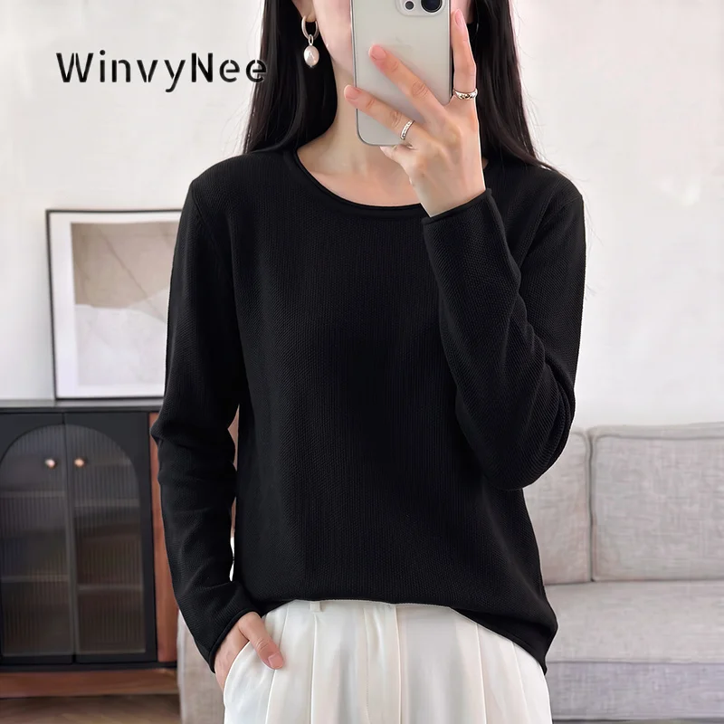 Фото Женский вязаный топ WinvyNee, 100% хлопок, круглый вырез, длинный рукав, свободный крой, приятный к телу, универсальная базовая одежда, повседневный стиль, модель ZA1002054. №1