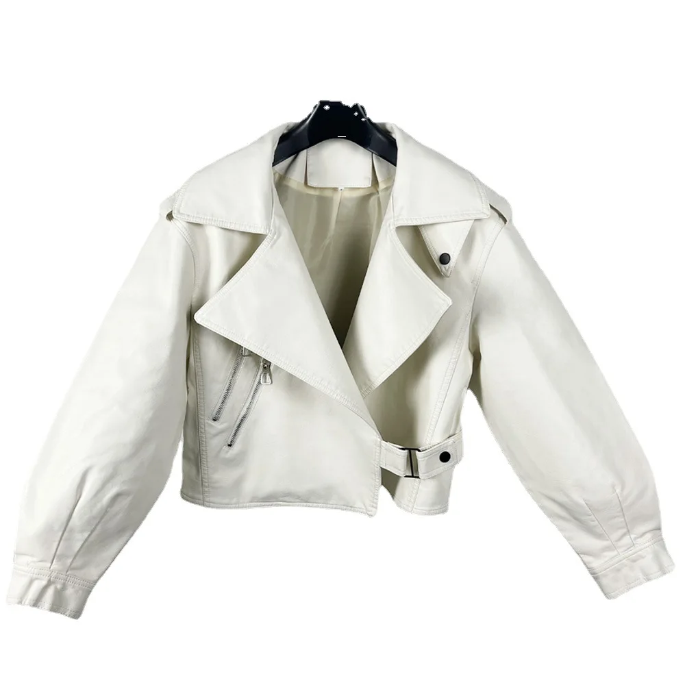 2023 spring clothes new women's short large lapel leather jacket loose leather jacket
