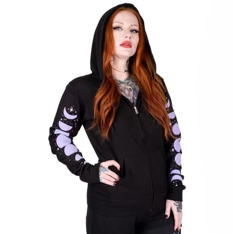 

ÇWomen Sweatshirt Oversized Hoodies Women Jacket Moon Print Coat Goth Harajuku Y2k Aesthetic Clothes Grunge Punk Jacket Zip-up