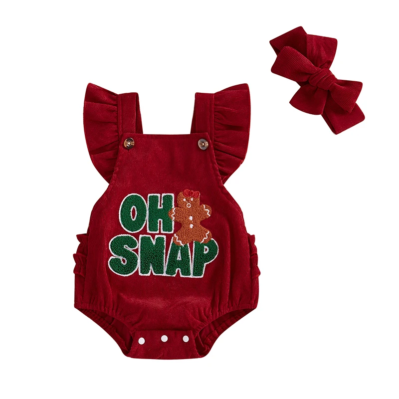 Baby Girl Christmas Romper Casual Letter Embroidery Jumpsuit Overalls and Headband Set Fashion Clothes Outfits