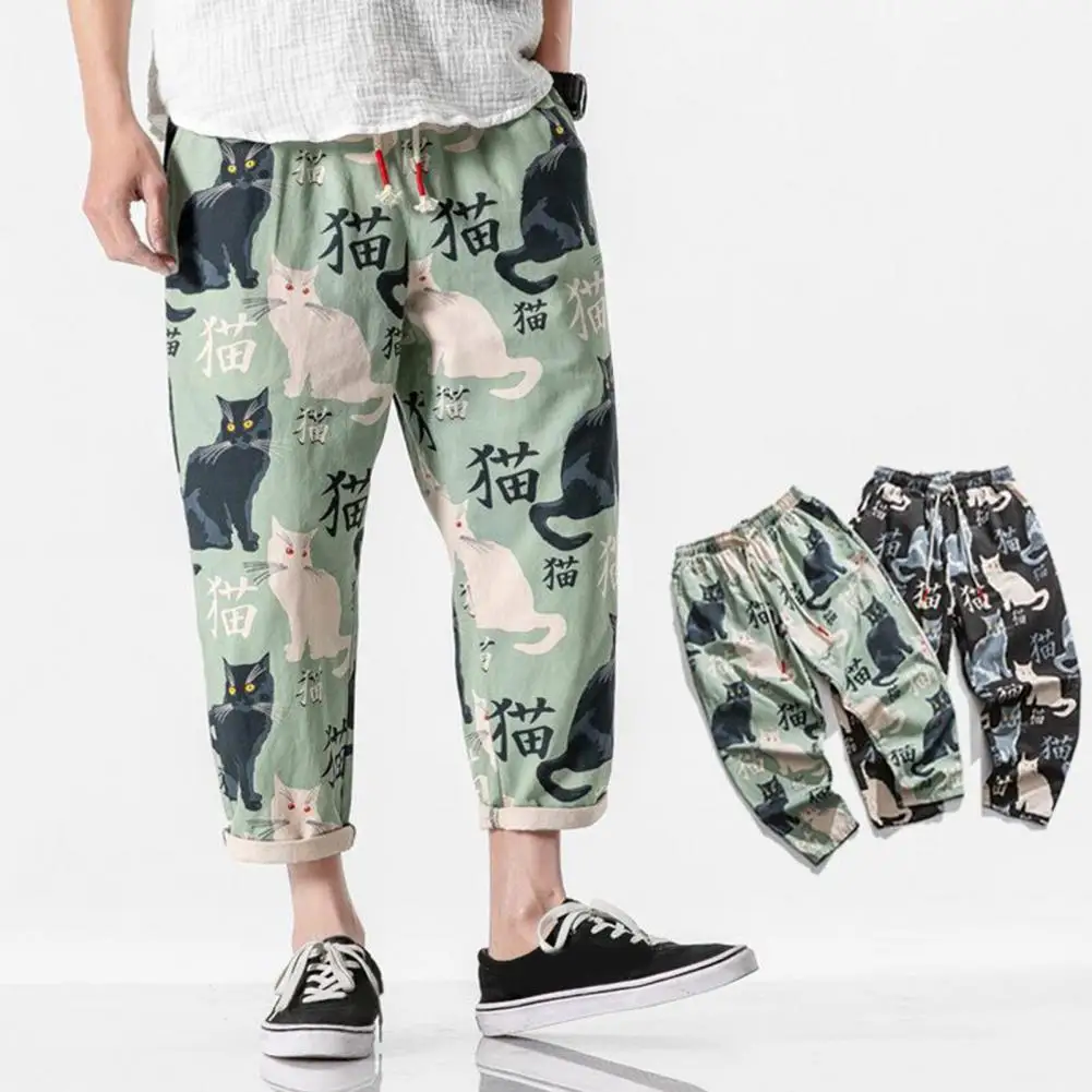 

Stylish Spring Ninth Pants Hip Hop Casual Cat Print Chinese Character Pattern Men Sweatpants Men Trousers Match Top