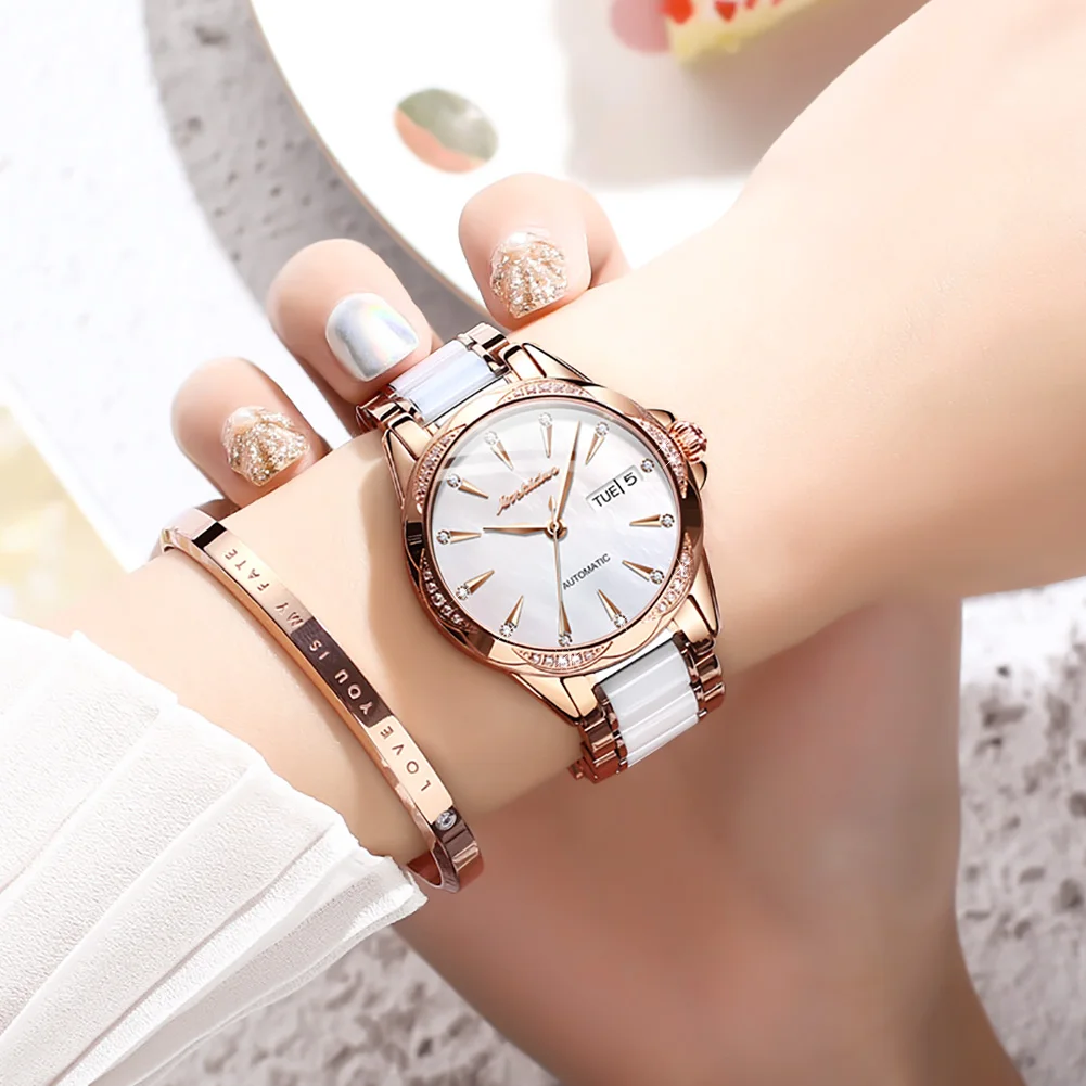 TAXAU Mechanical Watch For Women Luxury Top Brand Stainless Steel Ceramic Strap Rose Gold Diamond Femme Watches reloj mujer